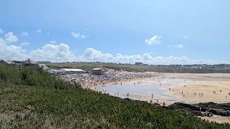 Looking down on the Fistral Beach section of the Boardmasters Festival.